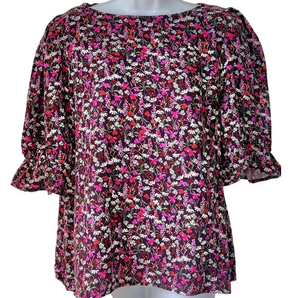 Draper James Tops - Draper James Maroon Pink White Daisy Floral Puff Sleeve Blouse Ruffle Cuff Sz S